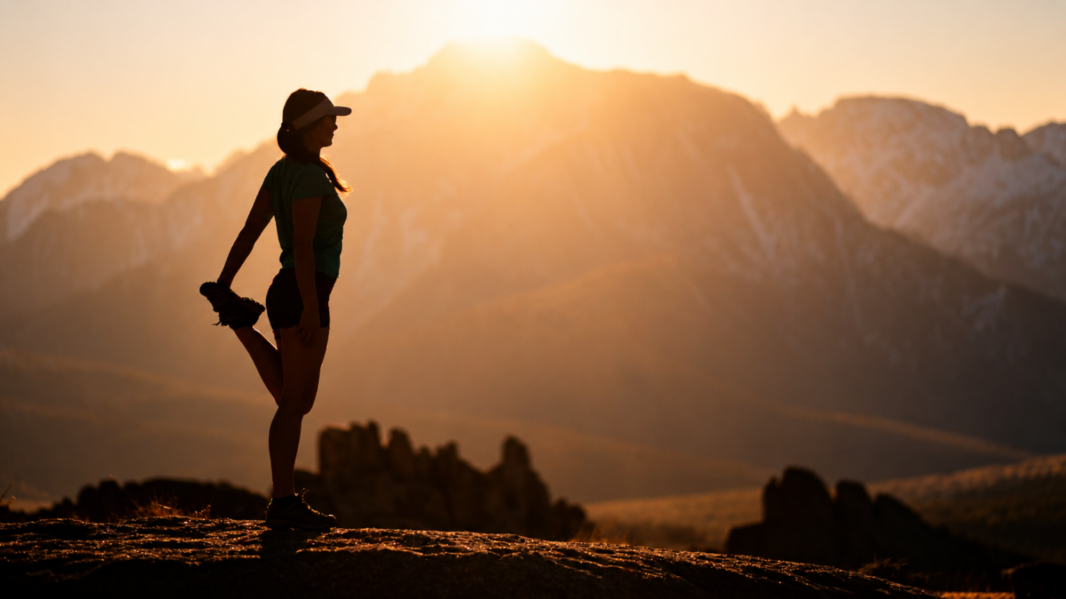 Coureuse en silhouette face à la montagne au lever du soleil