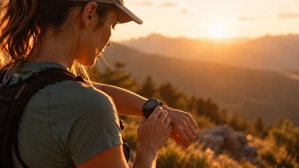 Coureuse qui consulte sa montre GPS pendant une séance